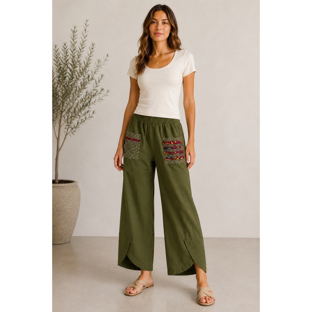 Kan Can Lagenlook Wide Leg Cropped Pants XL Boho Patchwork Tulip Hem Trousers
